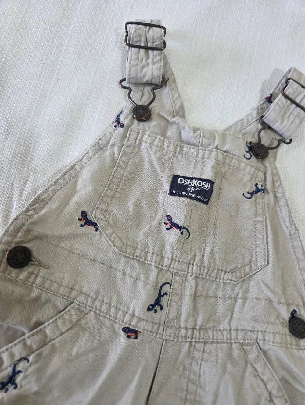 OshKosh B'gosh Beige Overalls with Embroidered Blue and Orange Lizards 24 Months